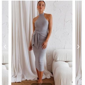 Rapt Waist Tie Halterneck Knit Midi Dress Grey